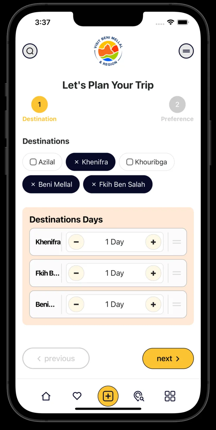 Béni Mellal-Khénifra app trip planning screen